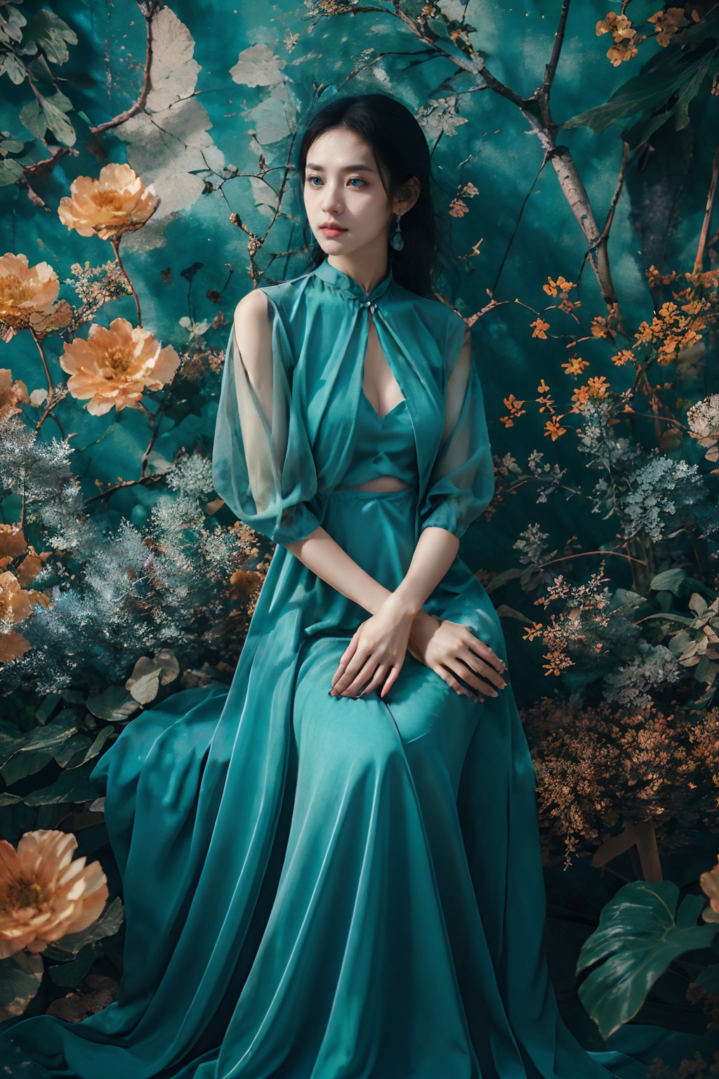 sd_mai, fanhuashijin, 1girl, jewelry, solo, black hair, flower, earrings, dress, long hair, sitting, blue dress, breasts, aqua dress, clothing cutout <lora:繁花似锦:0.7>