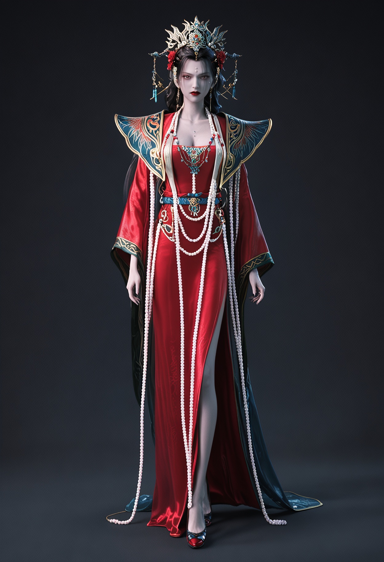 score_9,looking_at_viewer,large breasts,chufuren,1girl,solo,hair ornament,jewelry,black hair,long hair,beads,earrings,forehead mark,necklace,red lips,chinese clothes,facial mark,hair flower,dress,bead necklace,red dress,makeup,brown eyes,realistic,lipstick,shoes,standing,(simple background,pure black background,black background:1.1),perfect_anatomy,<lora:QQSponychufurenV1:0.8>,