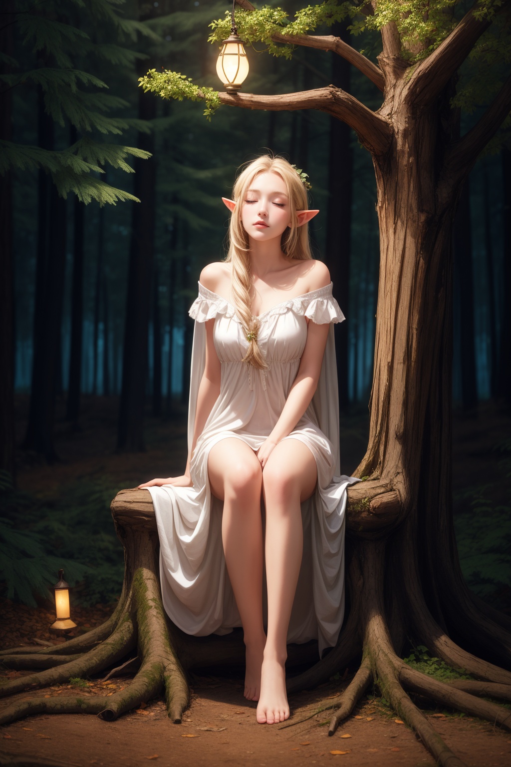 1girl,a weak girl,elf,sitting,branch,night,soft light,full body,sad,face up,hand supported,magic forest,luminous tree of life,glowing,glowing hair,light particles,<lora:add_detail:0.6>,