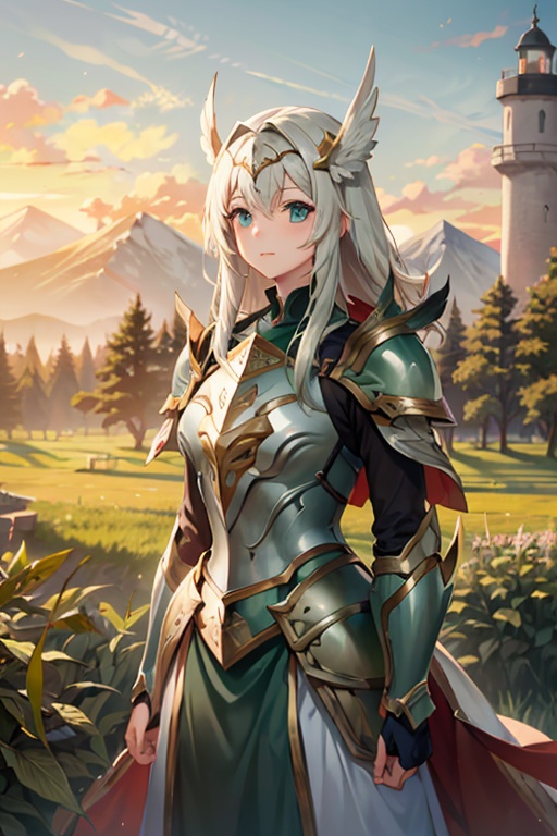 <lora:HXarmour_004:1>,, hxarmour,1girl,(dark green armour:1.3),Farmland Mountain Sunrise,Minaret,Pelican,Lighthouse,