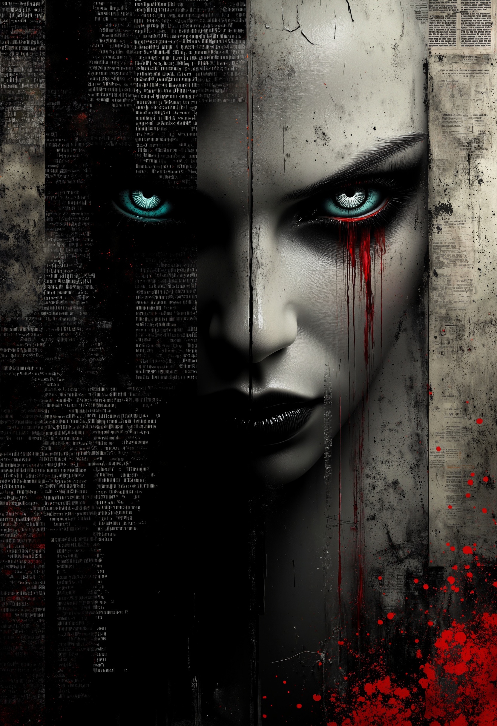 bo-abyss,  surreal goth horror,  illustration A surreal portrait where floating patterns and glowing highlights move aroun...