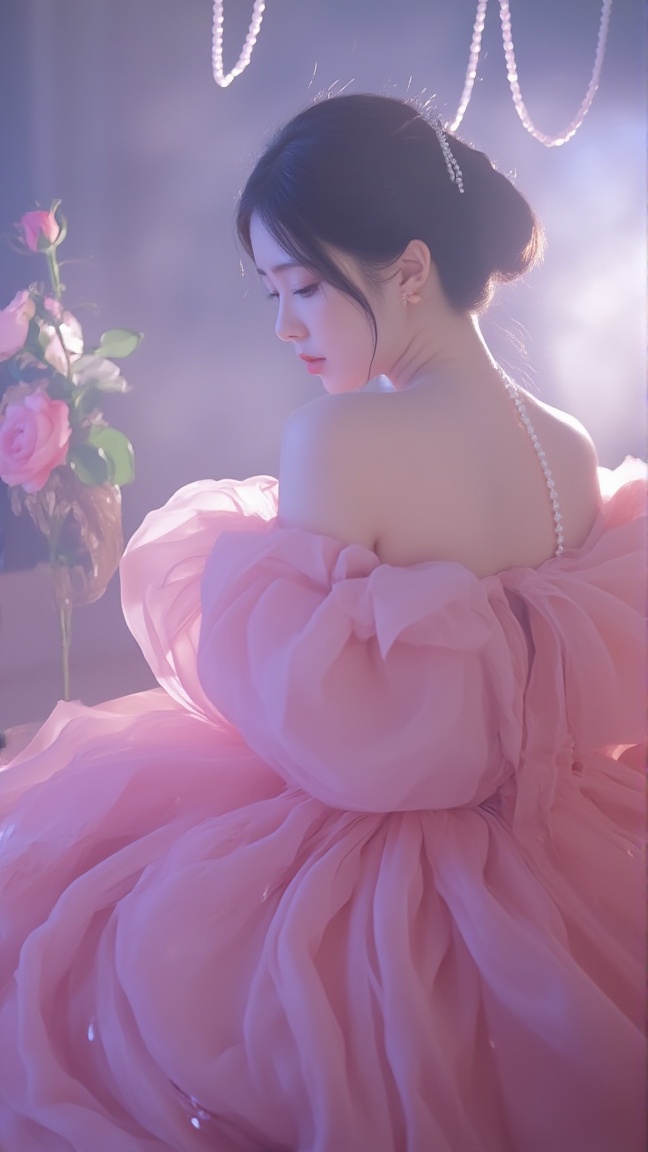 neomj,neomj,A young woman with dark hair and pearl strands sits in profile,her head bowed. She is wearing a voluminous,frilly pink gown. Her skin is illuminated with a soft,ethereal glow,accentuated by backlighting that creates a subtle rim light along her neck and shoulders. The background has a hazy quality,with the hazy light creating visible light shafts,a subtle Tyndall effect. A bouquet of pink roses sits to her left,and draped pearl necklaces create soft lines in the misty air. The scene is bathed in a predominantly soft,pink-purple light.,<lora:neomj古风v9_15:1>,