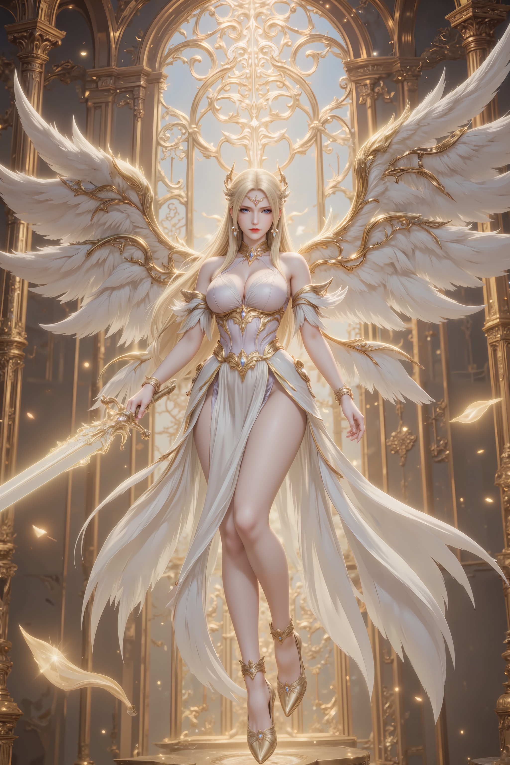 <lora:神装千仞雪·重练·8:1.1>,qianrenxue,blonde hair,long hair,blue eyes,looking at viewer,jewelry,earrings,hair ornament,closed mouth,1girl,breasts,solo,wings,long hair,high heels,angel wings,dress,angel,large breasts,feathered wings,white dress,bare shoulders,legs,armlet,bare legs,white wings,thighs,bracelet,she floats in the air,broken golden temple,weapon,holding weapon,sword,holding_sword,glow_sword,golden excalibur,cover,gradient background,close-up details,outstanding style,adding a touch of dimension to your images without compromising details,close-up,<lora:DJ滤镜_2.5D版:0.3>,lvjing,<lora:剑仙陆雪琪·重练·7:0.4>,luxueqi,