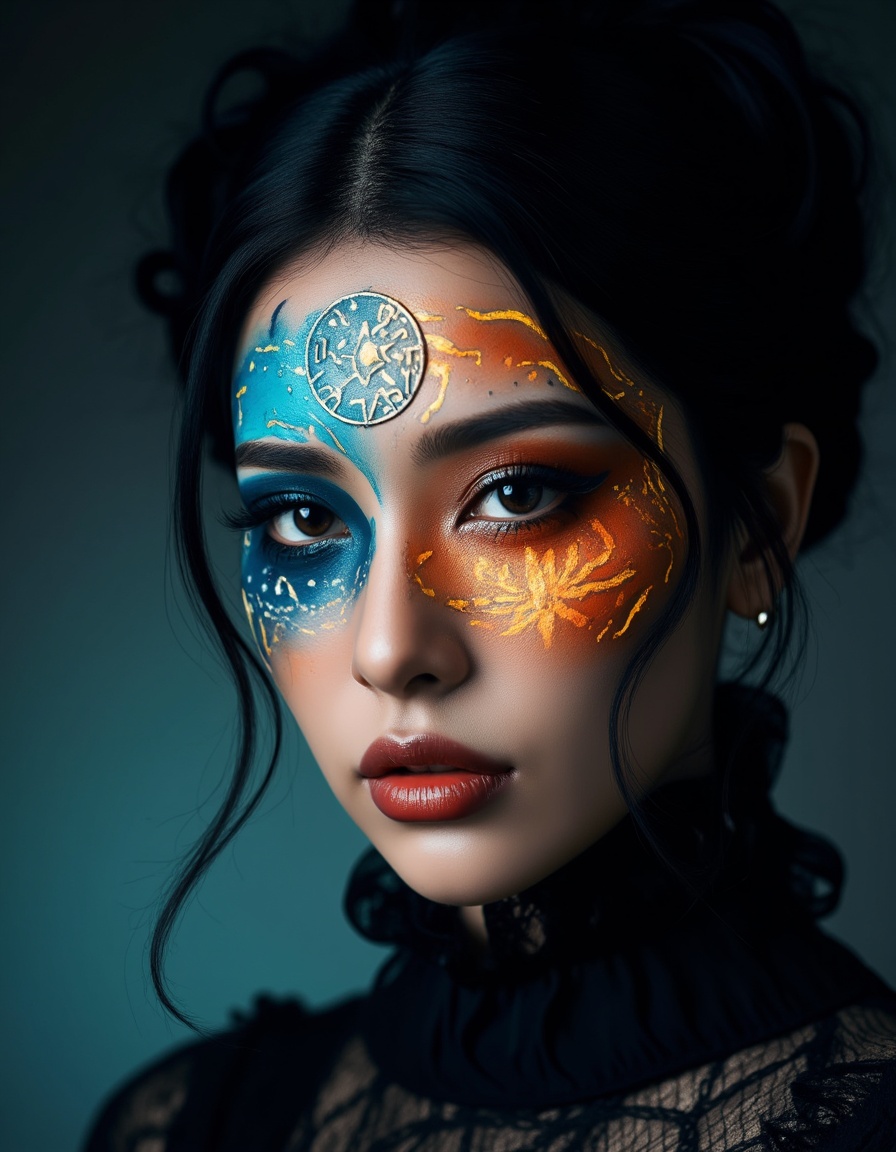 Halloween makeup,Ultra-clear facial details,A young woman,her face a canvas of Halloween artistry,imbued with a mysterious air. Bold,contrasting makeup,combining deep blues and fiery oranges,creates a striking visual effect. Intricate patterns of glowing runes are intricately etched onto her cheeks,adding a touch of magic and otherworldly beauty. Her dark hair is styled in a sophisticated updo,enhancing the overall allure and mystique of the portrait.,