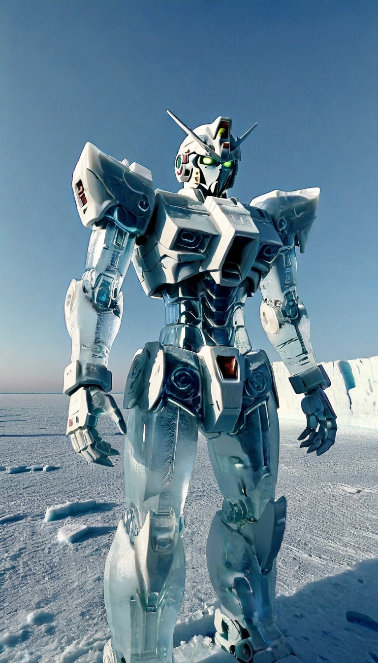<lora:xl-shanbailing-24-0126carved ice:0.9>,(GUNDAM:1.2),bailing_ice_sculpture,see-through,mecha,the surface of this distant planet is covered with white ice,for tens of thousands of years as the temperature drops,huge artificial urban structure stuck in ice,equipment and machinery in the city have long ceased to function,only the ice-locked form stands on the ice sheet,like a predatory monster,it shows the outline of its bones,robot joints,Explore this Midjourney style in,