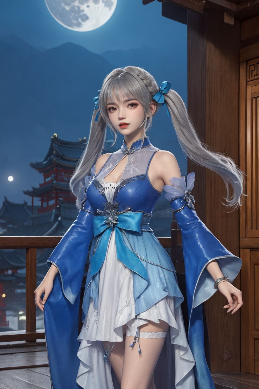 1girl, twintails, ribbon, solo, detached sleeves, hair ribbon, blue ribbon, dress, parted lips, long hair, photo inset, personification, bracelet, grey hair, architecture, jewelry, blue dress, wide sleeves, east asian architecture, looking at viewer, blurry, brown eyes, night，moon，moonlight，high heels, jewelry, Clothing ribbon，standing，full body，looking at viewer，lights，butterflies， depth of field, blurry，reflection,light rays,rotational symmetry,angelcore,(cowboy shot),(spirit:1.2)，(standing:1.3)，bedroom，the dynamic perspective is splashing,mercury,Electroluminescent Wire,Dreamy Glow, white,sky，indoors，floating hair，floating dress，floating snow，ultra-detailed, highres, extremely detailed,best quality ,masterpiece, illustration, extremely delicate and beautiful,CG ,unity ,8k wallpaper,Amazing, finely detail,official art, <lora:图图的哩布圣诞制服特辑（壹）_V1.0:0.3>， <lora:dingdang-linqingtanxs:0.55>