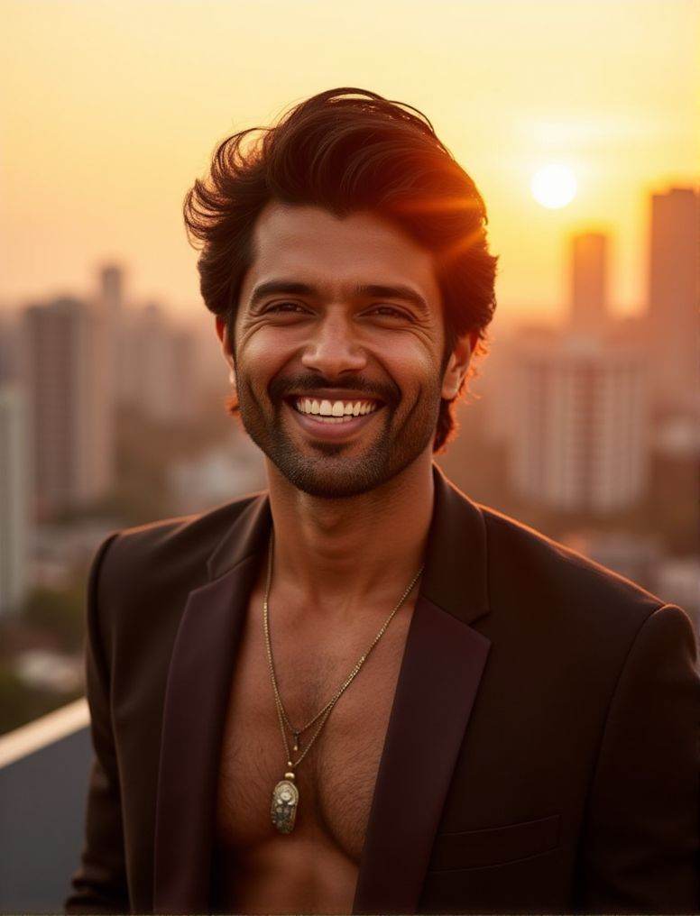 Vijay Devarakonda ,  In the heart of a bustling city,  under the soft glow of a golden hour sunset on Tensor.Art