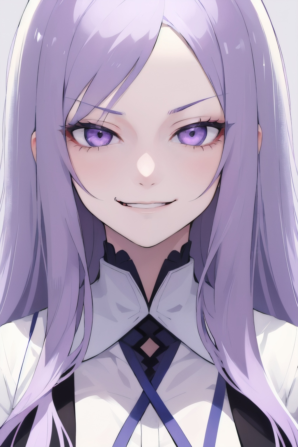 masterpiece,best quality,1girl,quinella,quinella (SAO),solo,purple eyes,swept bangs,very long hair,light purple hair,large breasts,evil smirk,<lora:lbc_quinella_(sao)24324_v1.0:0.8>,face_focus,close-up,