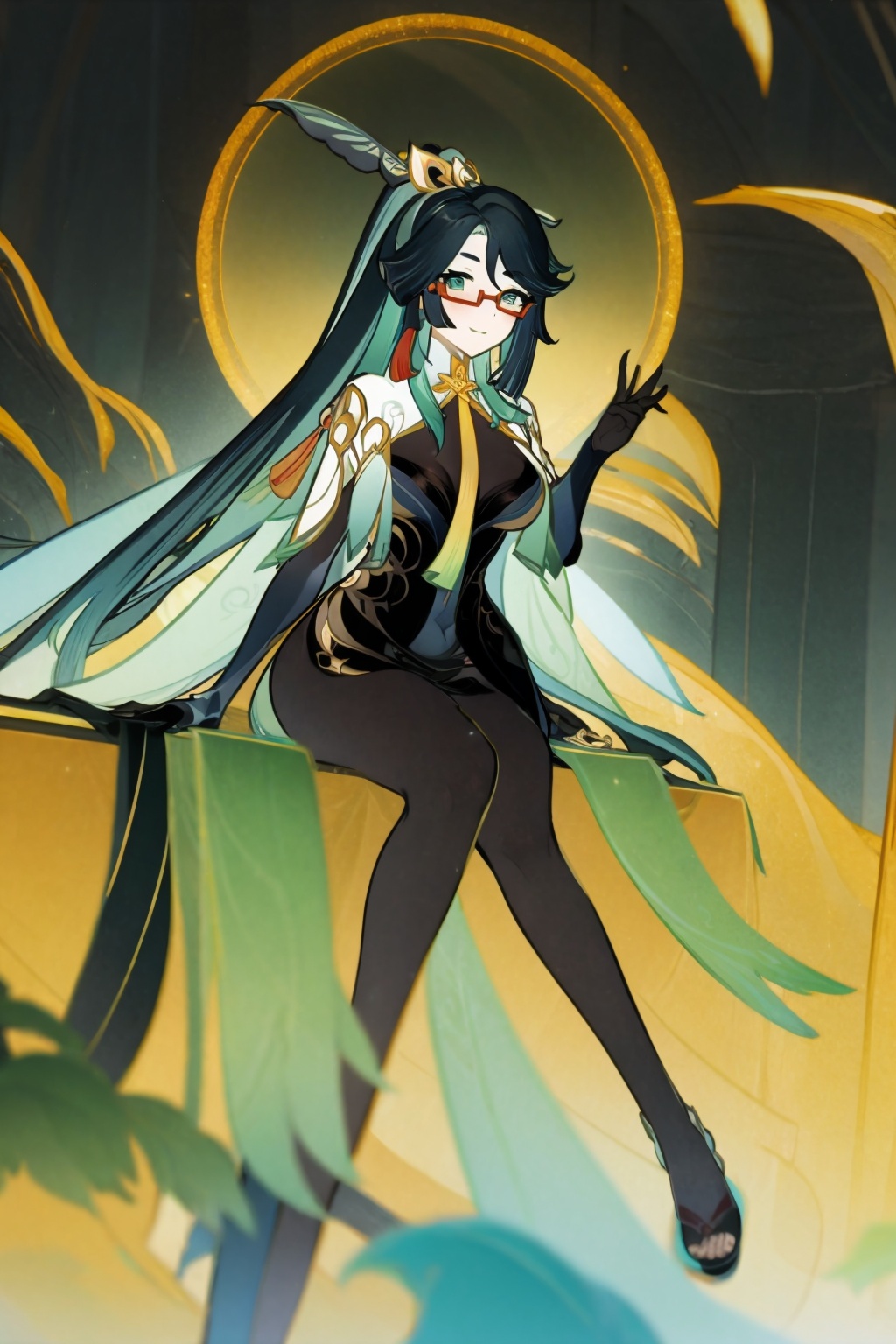 masterpiece, best quality, <lora:gmstyle:1.2>,flat color,<lora:xianyun-v2:1>,1girl, glasses, solo, long hair, breasts, gloves, ponytail, black hair, green eyes, sitting, full body, looking at viewer, pantyhose, hair ornament, black gloves, smile, very long hair, platform footwear, elbow gloves, green hair, red-framed eyewear, large breasts, cleavage, dress