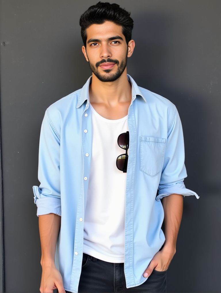 Harman Singha ,  stands confidently in front of a dark gray wall. He wears a light denim shirt. unbuttoned at the top. rev...