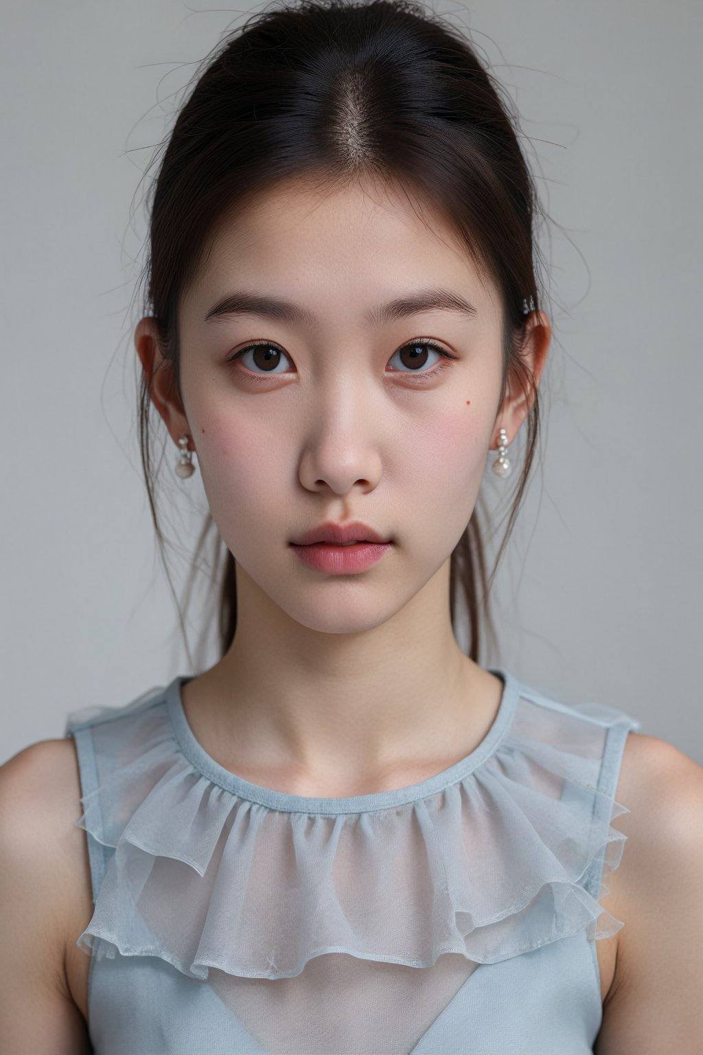 A headshot of a young East Asian woman,  appearing to be in her late teens or early twenties,  is centered in the frame. S...