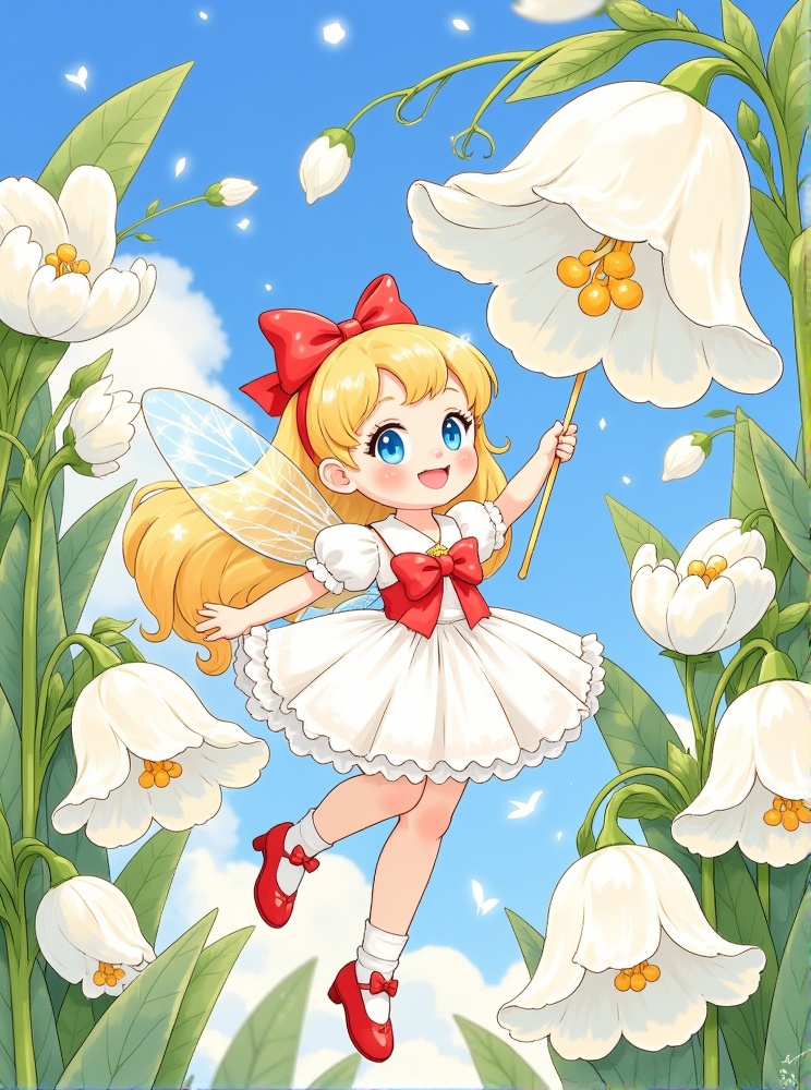 cartoon illustration,This is a whimsical cartoon hand-drawn digital illustration,a fairy fairy,wearing a white tulle skirt,long yellow hair,red bow headdress,fairy wings,flying with a fairy stick,the background is a huge white bellflower and bellflower leaves,blue sky and white clouds,lines are outlined,the overall atmosphere is cute and warm and healing,cartoon illustration,