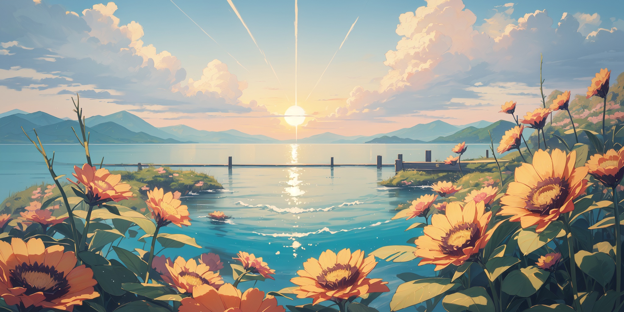 scenery,outdoors,light particles,beautiful detailed sky,beautiful detailed glow,best shadow,panorama,(Coral, Reef, Fish, Seaweed, Colorful, Underwater, Diversity, Serenity:1.3),(Mist-covered lake, Fishing, Sunrise, Tranquility, Fishing rod, Nature sounds:1.2),(Sunflowers, Bees, Rustling stalks, Sunshine, Yellow hues, Summer heat:1.1),(masterpiece, best quality, beautiful and aesthetic:1.3),extremely detailed CG,ultra-detailed,beautiful concept illustration,illustration,extremely fine and beautiful,perfect details,<lora:YOUHUA-000018:1>,oil painting \(medium\),