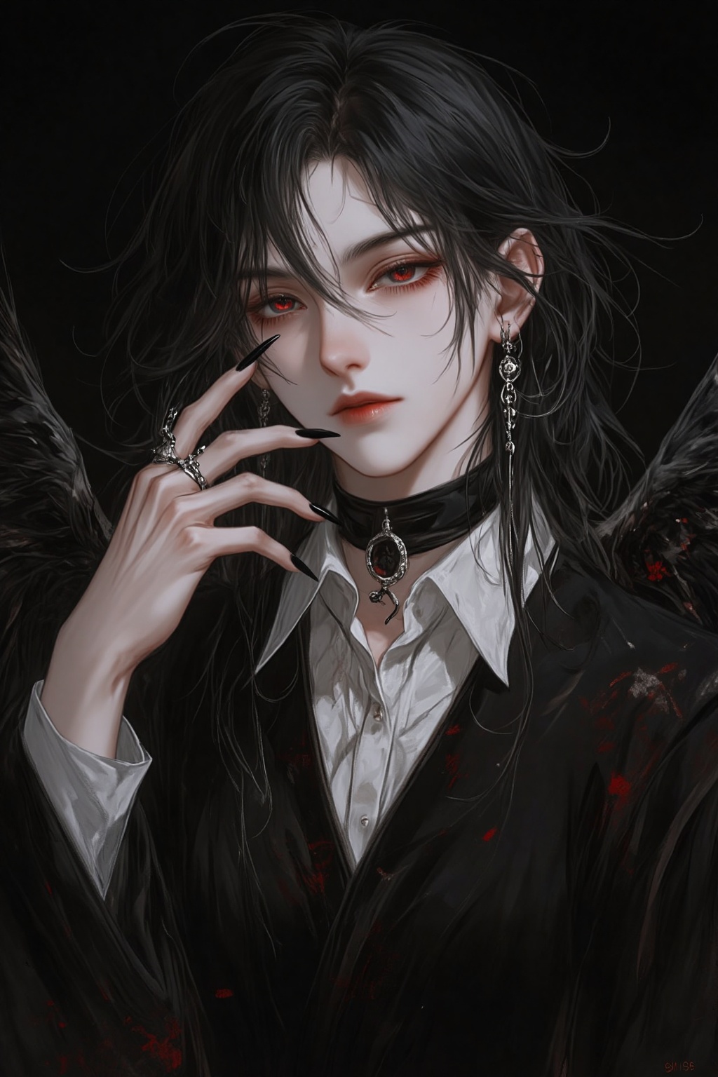 ZOZ_WEIMEIW,original,jewelry,sfw,long sleeves,red eyes,long hair,1boy,black wings,black dress,black_hair,black fingernails,male focus,earrings,parted lips,long fingernails,solo,dark,looking at viewer,fingernails,black fingernail,wings,dress,dark hair,photoshop (medium),hand up,black background,white shirt,shirt,closed mouth,black eyes,collar,black collar,
