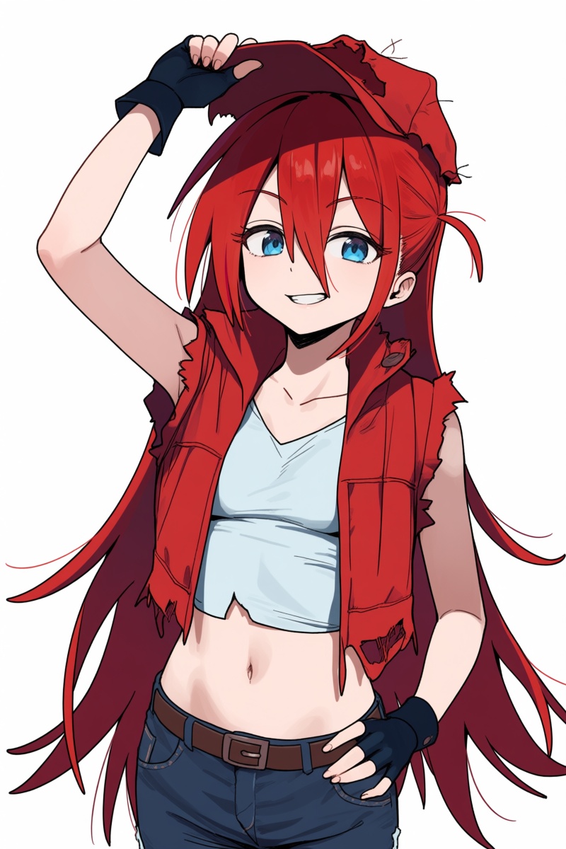 @smnlsst,  A digital illustration of a young woman with long red hair and blue eyes. She is wearing a tattered red hat,  a...