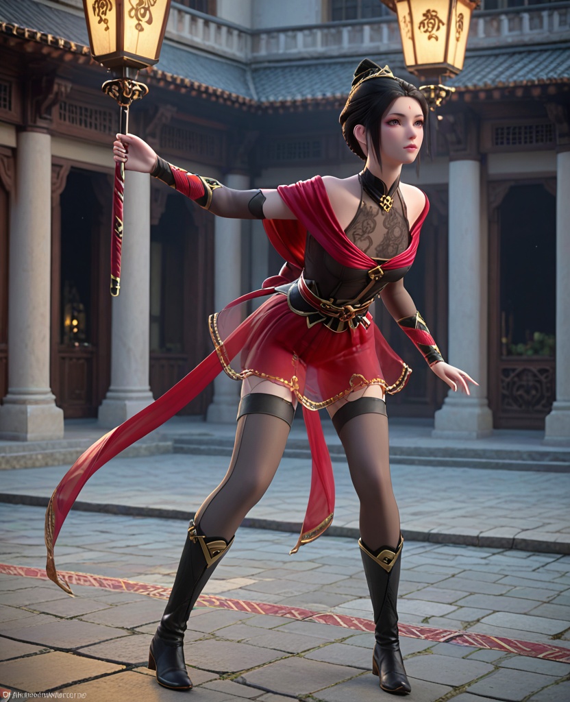 (oriental architecture, elegant decor, sophisticated style:1.1),(Bending down to tie shoelaces, showing a moment of simplicity,:1.1),(breasts:1.2),<lora:XL斗破苍穹琥嘉:0.95>,miss hujia,black corset,sash,red see-through miniskirt,red shawl,makeup,purple eyes,forehead mark,black hair,sidelocks,hair bun,purple lipstick,eyeshadow,elbow gloves,black thighhighs,black boots,fishnets,, score_9,score_8_up,score_7_up,score_6_up,score_5_up,score_4_up,3d rendering,tag1,tag2, Cinematic Lighting,backlighting,