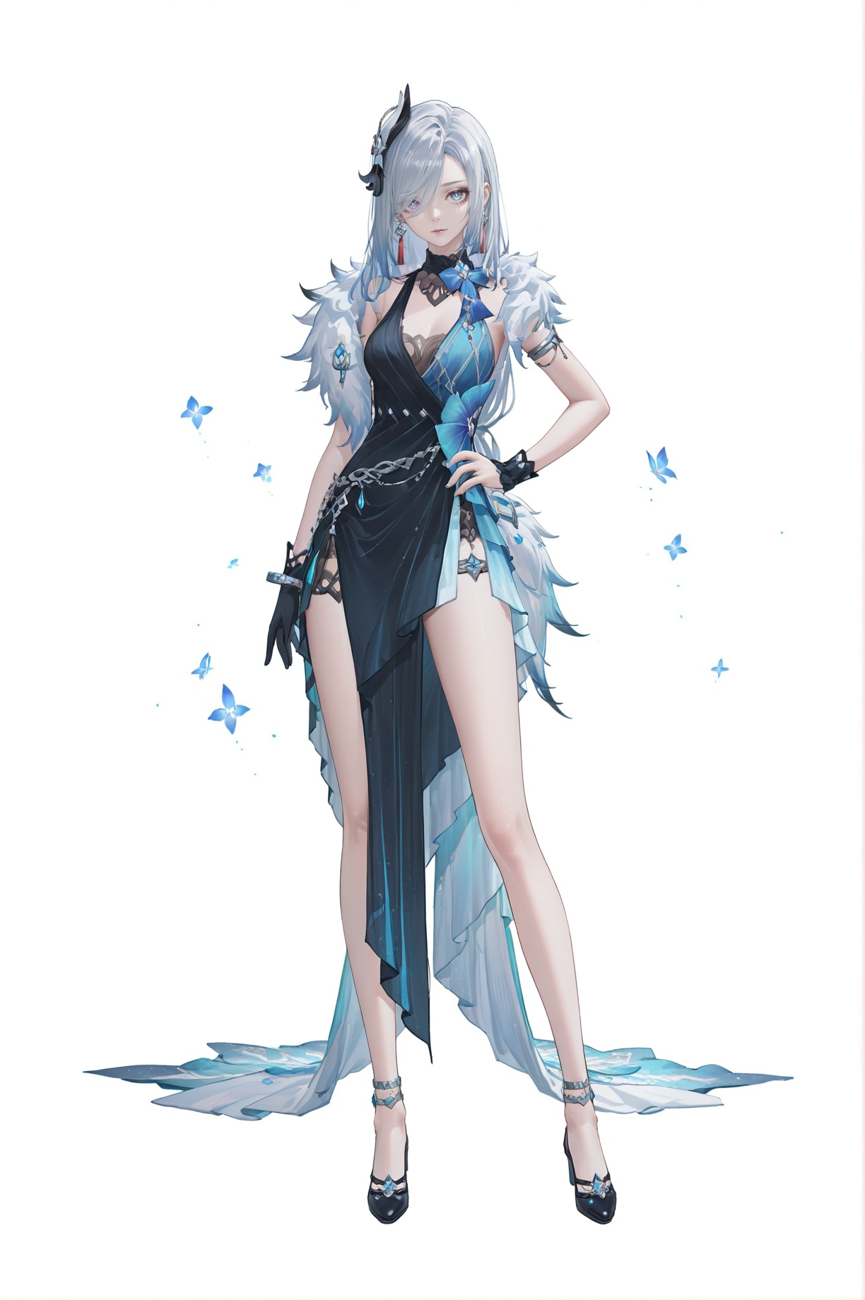 8k,best quality,masterpiece,(ultra-detailed),(high detailed skin),(artist:reoen:0.826446),(artist:machi:0.9),(artist:ningen_mame:0.9),(artist:sho_(sho_lwlw):0.9),(artist:rhasta:0.9),(artist:wlop:0.7),(artist:ke-ta:0.6),(fkey:0.5),(tianliang duohe fangdongye:0.5),(hiten \(hitenkei\):0.6),best quality,amazing quality,(artist:onineko:0.826446),very aesthetic,bokeh,masterpiece,best quality,<lora:wqmt-gnoob-Tanger:0.45>,Path to Nowhere  \(video game\),game CG,cool,full body,full shot,standing,looking at viewer,(solo:1.2),simple background,(white background:1.2),hand on own hip,(white background:1.1),shenhe \(genshin impact\),long hair, hair ornament, <lora:yela_newc-ill-Tanger:0.9>,clothes: yelanew blue-and-black dress,yelanew alternate costume,1girl,yelanew single glove,jewelry,bracelet,sleeveless,yelanew fur trim,