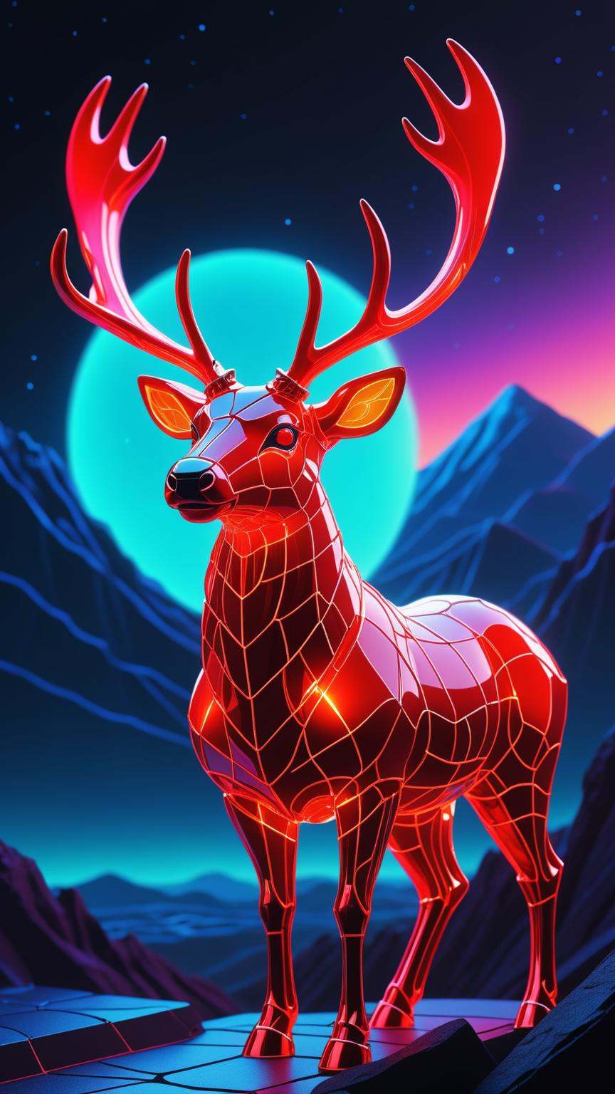 instant christmas, neon red reindeer, high quality fantasy art of a beautiful raging reindeer made of transparent glass, glowing within, delicate figurine, red nose, kawaii, chibi, adorable, flame eyes, ultra Realistic, Extreme Detailed, beautiful Prism light, neon light, Glass made ultra Detailed transparent raging red reindeer, ultra transparent, wearing glass made transparent luxury Armor, Super high definition, reflective pools, HDR, Dark vaporwave color palette, eclipse, glowing archway, huge twisting vines, aerial view of rolling hills in bizarre alien landscape, Fibonacci, Enki, annunaki, monolith, megaliths with eyes, ufo, dna, cosmic serpent, vaporwave tiled liminal space, iris, pixel art, vaporwave aesthetic