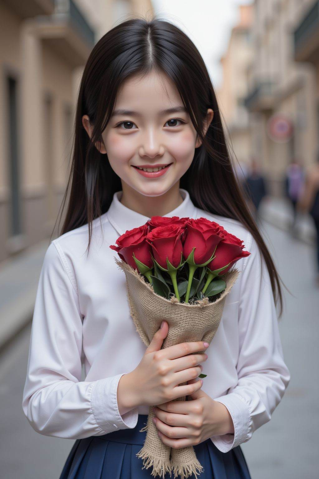 A photograph of a young girl with fair skin and long black hair. She is wearing a white long-sleeved button-down shirt and blue pleated skirt. She holds a bouquet of vibrant red rose wrapped in a beige burlap cloth with frayed edges. The background in street, The woman's expression is smirk,
