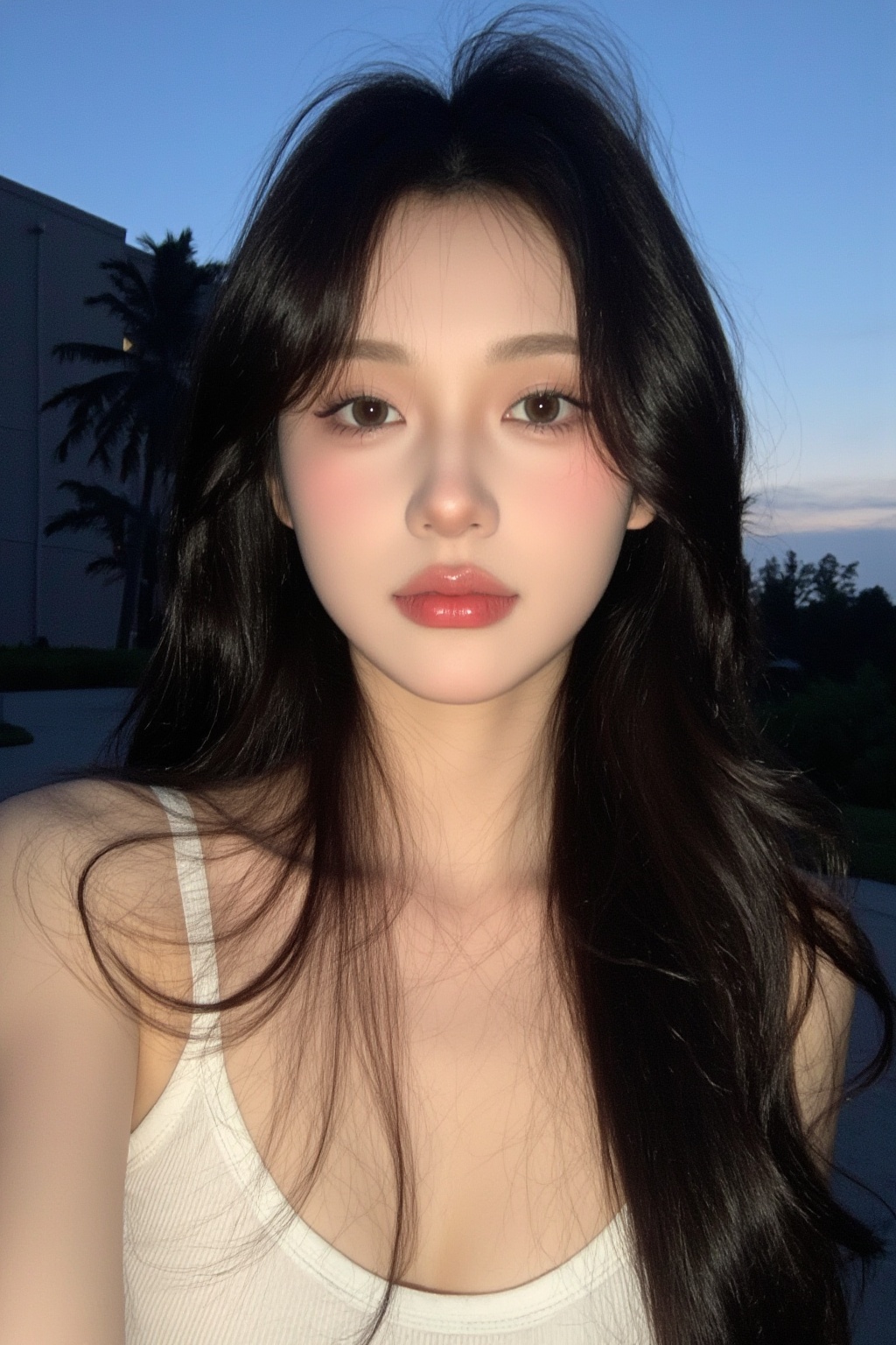 <lora:美女随拍2.0:0.8>,This is a portrait of a woman. She is wearing a white **** top, has long, black hair that falls over her shoulders, and her eyes are brown with a hint of haziness. Her lips are tinted with a subtle shade of red lipstick. The background features the sky at dusk, with some trees and buildings.