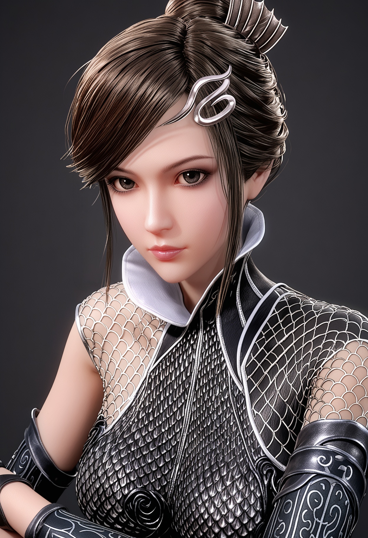 (upper_body:1.2),(looking at viewer:1.1),facing viewer,direct gaze,<lora:YQ_pony_chudaijingni_V4:0.8>,q1528437228,1girl,solo,black hair,brown hair,hair ornament,lips,armor,fishnet pantyhose,black eyes,hair bun,brown eyes,high heels,dress,short hair,bodysuit,gloves,mask,single hair bun,swept bangs,black dress,sidelocks,high collar,chainmail,detached sleeves,elbow gloves,bridal gauntlets,BREAK simple background,pure black background,black background,perfect anatomy,