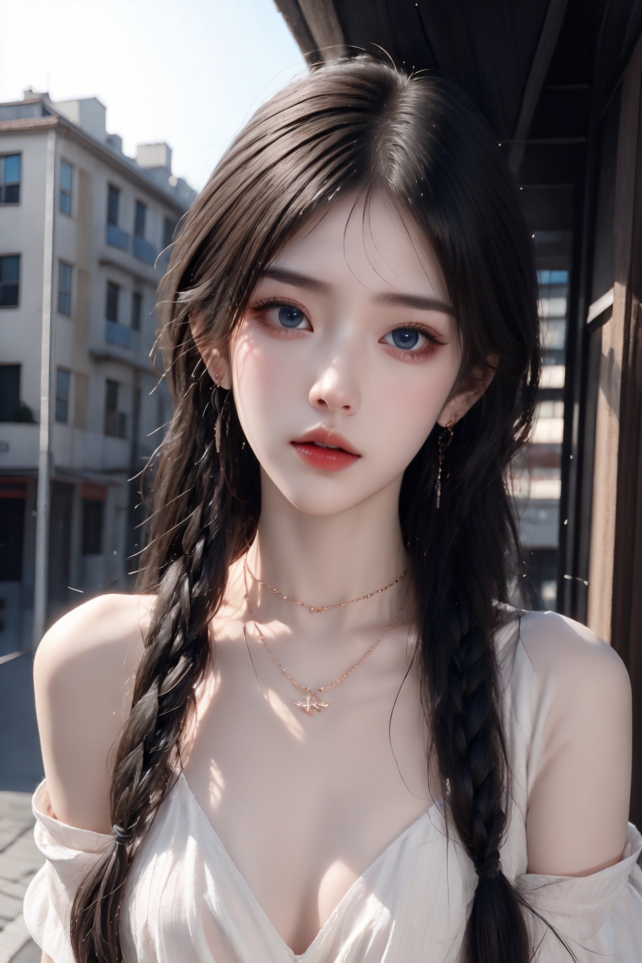 1girl, artist name, bare shoulders, blue eyes, blue hair, blurry, blurry background, braid, breasts, building, choker, cleavage, depth of field, earrings, hair over shoulder, jewelry, long hair, looking at viewer, medium breasts, necklace, off shoulder, outdoors, parted lips, single braid, solo, sunset, upper body  <lora:1:1>