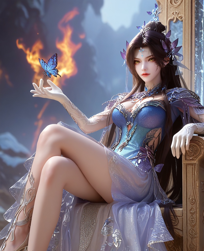 (sitting on a throne of fire:1.1),(large breasts:1.2),<lora:XL16云深不知梦羲和四象归一:0.95>,miss xihe,blue-violet to white ombre gown,yellow eyes,forehead pendan,black hair,traditional chinese updo with long front strands,absurdly long hair,hair ornament,jewelry,elbow gloves,butterfly embellishments,crystal gown hemline,, score_9,score_8_up,score_7_up,score_6_up,score_5_up,score_4_up,3d rendering,tag1,tag2, Cinematic Lighting,backlighting,