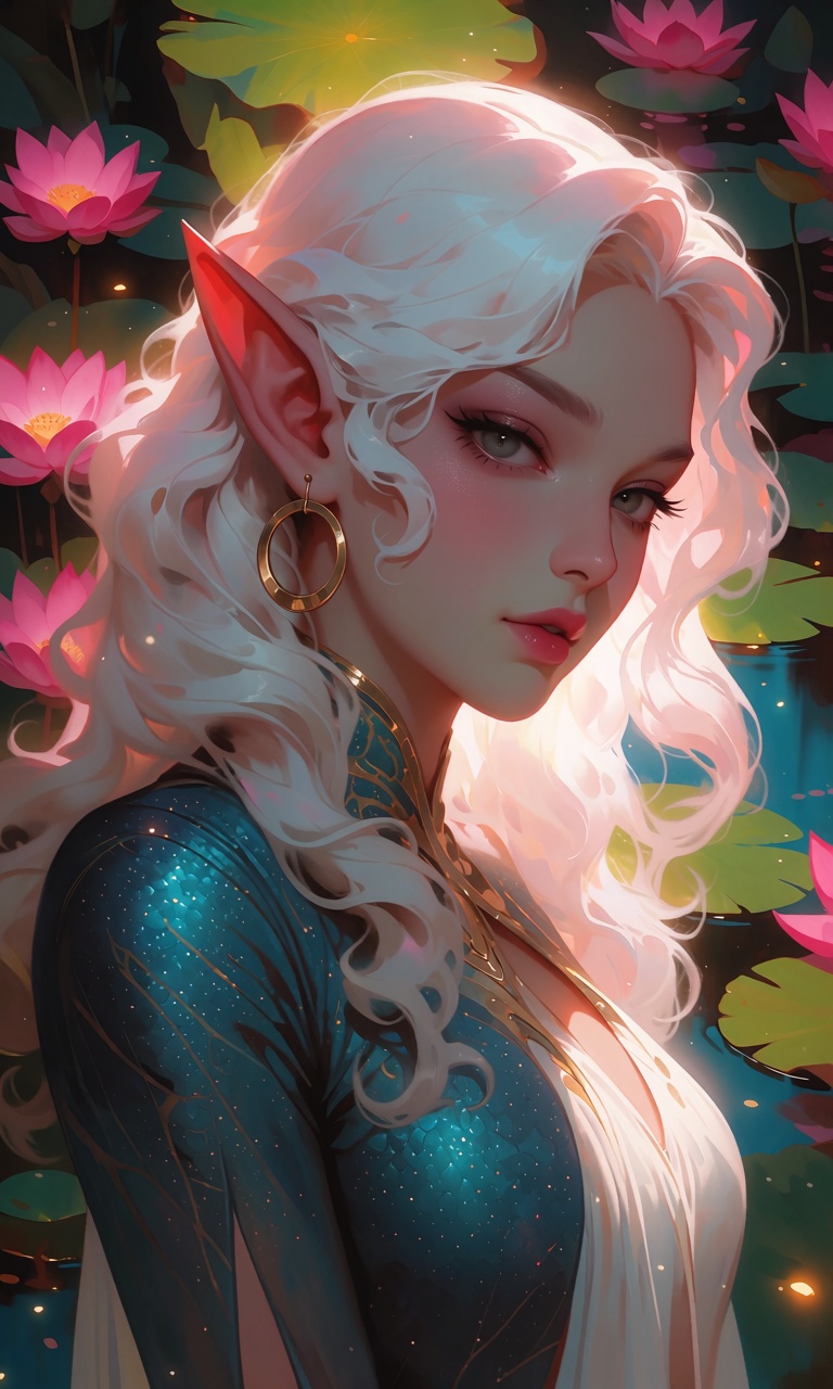 Digital painting of a serene elven woman in a graceful,  standing three-quarter pose,  slightly angled to the right with h...