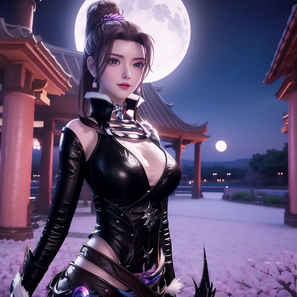 <lora:万界至尊-李雪衣-皮衣:0.8>, (,1girl, ,best quality, ),looking at viewer,  ,ultra realistic 8k cg,, ,masterpiece, (( , )),, ,   ,   cure blossom, full moon,night,night sky,  (cleavage),,  (), ,,