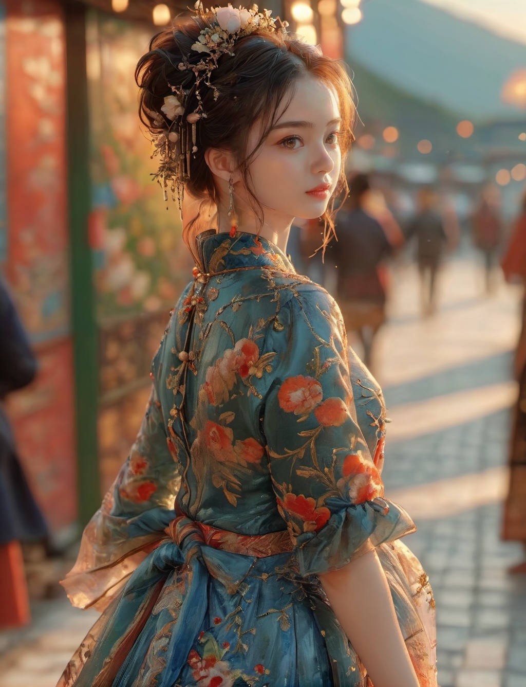 nvwangZ,1girl,solo,(full body:1.2),blurry background,looking back,<lora:FANHUA-XL-繁华:0.8>,, (high quality), best quality, (4k), 8k, super detailed, (full detail), (masterpiece), (realistic), super detailed,(Exquisite details) ,intricate,