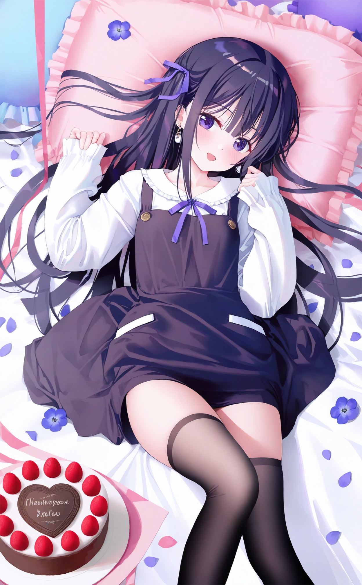 masterpiece,best quality,high quality,loli,(artist:ningen_mame:0.9),(artist:sho_(sho_lwlw):0.9),(artist:rhasta:0.9),(artist:wlop:0.7),(artist:ke-ta:0.6),(fkey:0.5),(tianliang duohe fangdongye:0.5),(hiten \(hitenkei\):0.6),loli,Artist TwinBox\(sousouman\),1girl,sleeves_past_wrists,solo,shirt,white_shirt,thighhighs,purple_eyes,dress_shirt,smile,long_sleeves,long_hair,frilled_pillow,collared_shirt,ribbon,lying,:d,on_back,flower,pillow,purple_ribbon,hair_ribbon,looking_at_viewer,blush,open_mouth,very_long_hair,frills,head_tilt,collarbone,bed_sheet,food,purple_flower,purple_hair,purple_thighhighs,hand_up,petals,blue_flower,black_thighhighs,cake,pinching_sleeves,earrings,
