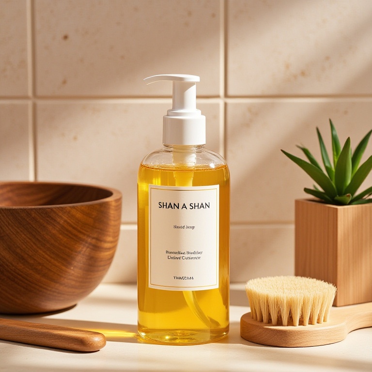ttmzhsas, a bathroom setting with a bottle of liquid soap, a wooden bowl, and a wooden brush. The bottle has a white pump dispenser and a white label with the text "SHAN A SHAN" in black font. The background is a beige tiled wall with a small potted plant on the right side. The lighting is soft and natural, casting gentle shadows. The wooden bowl and brush are placed on the left side of the image. The overall aesthetic is minimalistic and clean.<lora:S-T-电商场景-S1.4:1>