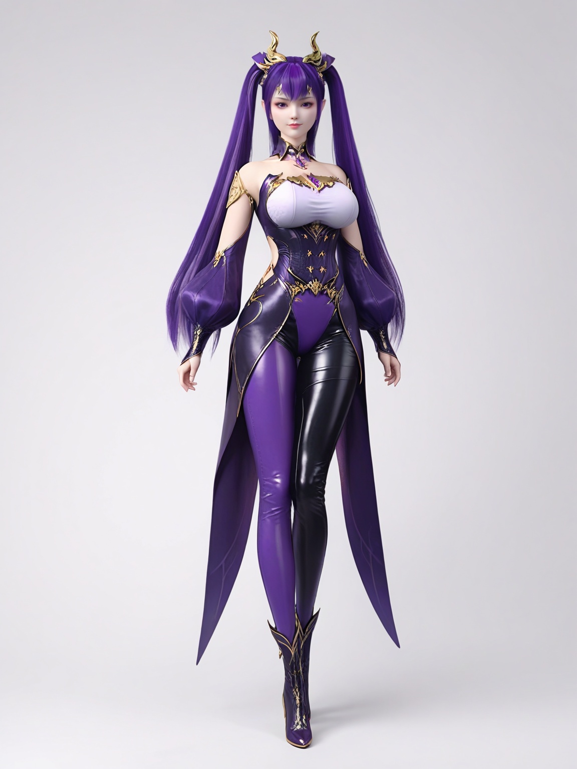 score_9,<lora:SF_ZiYan_Da_Pony_Realism2.3-000003:0.7>,1girl,solo,dress,bangs,purple hair,twintails,leather pants,large breasts,multicolored pants,full body,detached sleeves,hair ornament,standing,looking at viewer,white background,