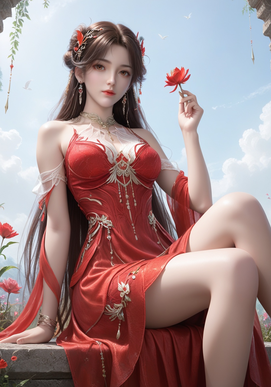 score_9,score_8_up,score_7_up,1girl,long hair,breast,medium breast,earrings,hair_ornament,dress,brown hair,brown eyes,high quality,realistic,thick_thighs,red dress,<lora:wy_huolinger_ts_XLcs:0.8>,gaden,sitting,flower,on_ground,from_below,