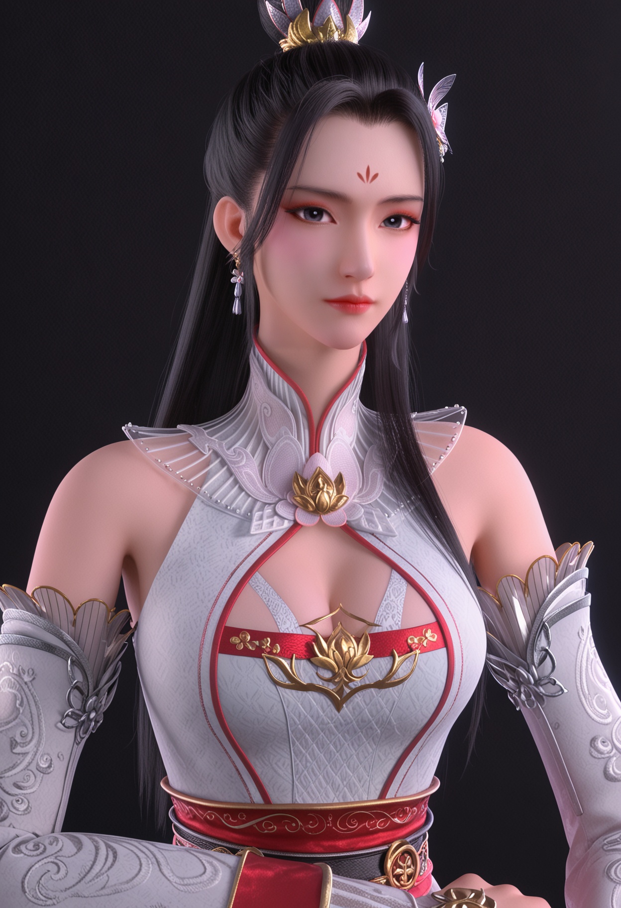 score_9,looking_at_viewer,upper body,large breasts,1girl,solo,long hair,black hair,jewelry,earrings,dress,hair ornament,forehead mark,realistic,closed mouth,white dress,bare shoulders,chinese clothes,detached sleeves,hair bun,clothing cutout,cleavage cutout,high heels,(simple background,pure black background,black background:1.1),perfect_anatomy,<lora:QQSponybaihehuaiV1:0.8>,