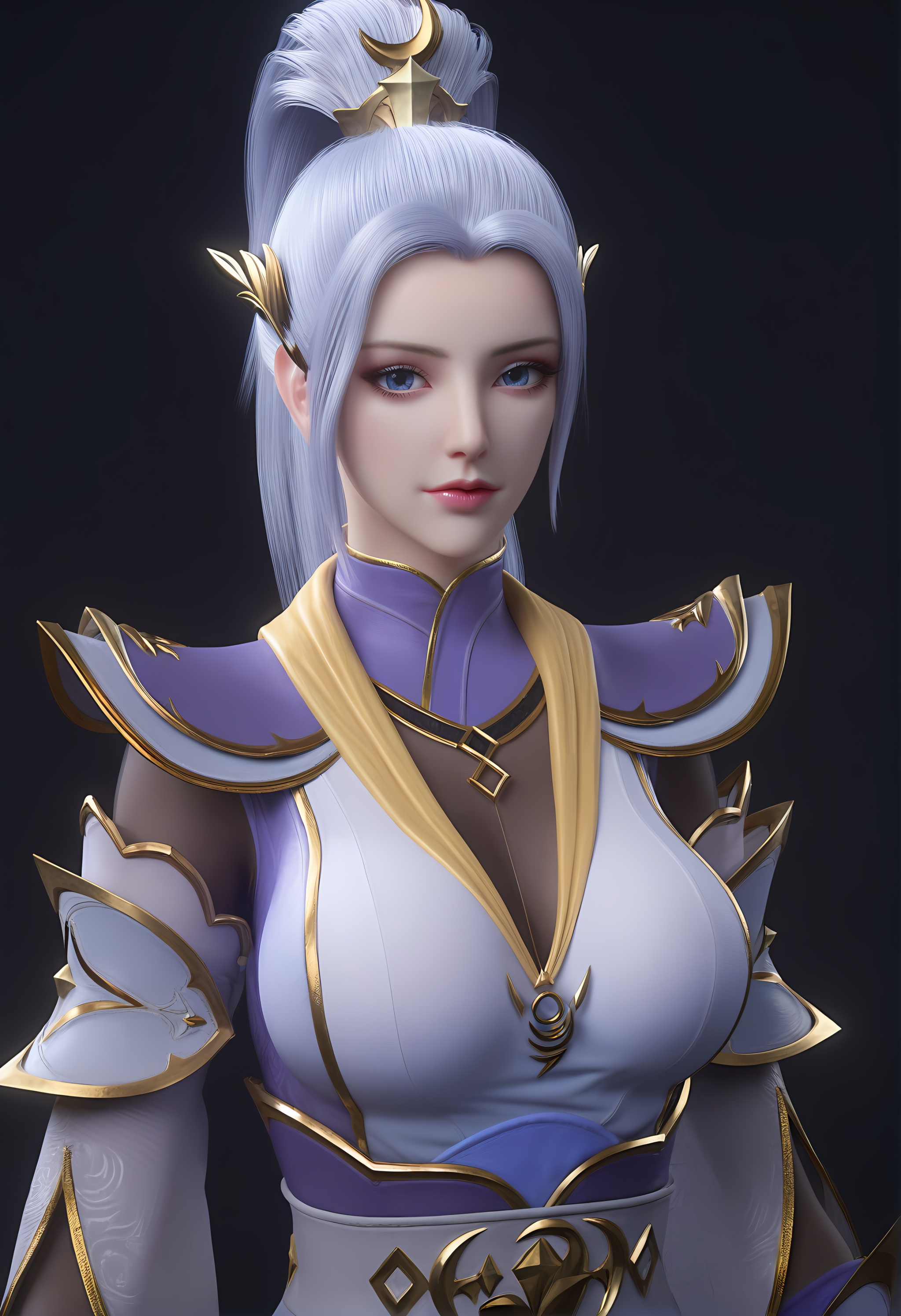 (score_9),vivid colours,Expressiveh,ambient occlusion,((Subsurface Scattering)),female,mature,(mature_female:1.1),<lora:韩月-A-pony:0.85>,hy,1girl,solo,long hair,blue hair,high ponytail,hair ornament,crescent,(crescent hair ornament),shoulder armor,chinese clothes,(black_gloves),upper body,<lora:perfect-eyes:0.8>,blue eyes,looking at viewer,front view,glamor,puffy breasts,pointy_breasts,large breasts,OverallDetail,fair_skin,(white_skin),(Ivory_skin),black background,<lora:e色温:0.5>,<lora:e肤色滑块:0.5>,<lora:a修手:0.3>,