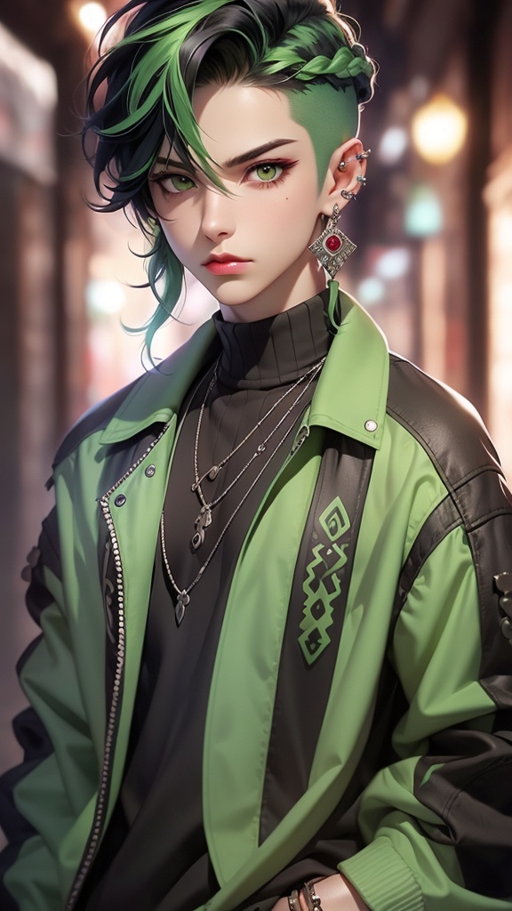 CG,jewelry,1boy,black hair,solo,earrings,piercing,looking at viewer,short hair,necklace,mole,jacket,mole under eye,upper body,blurry,multicolored hair,blurry background,ear piercing,1girl,closed mouth,black shirt,letterboxed,green eyes,shirt,red lips,makeup,turtleneck,braid,lips,green hair,