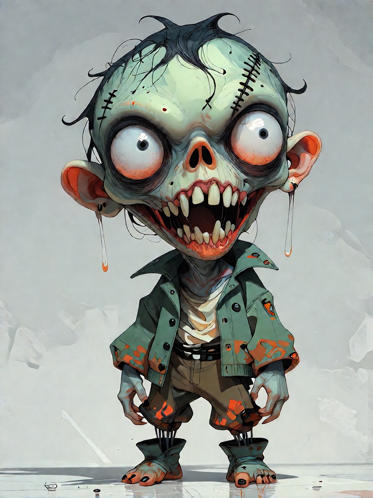 Bradhamel art style. A chibi-style 3D render of a zombie with oversized,  bulging white eyes with orange pupils,  stitched...