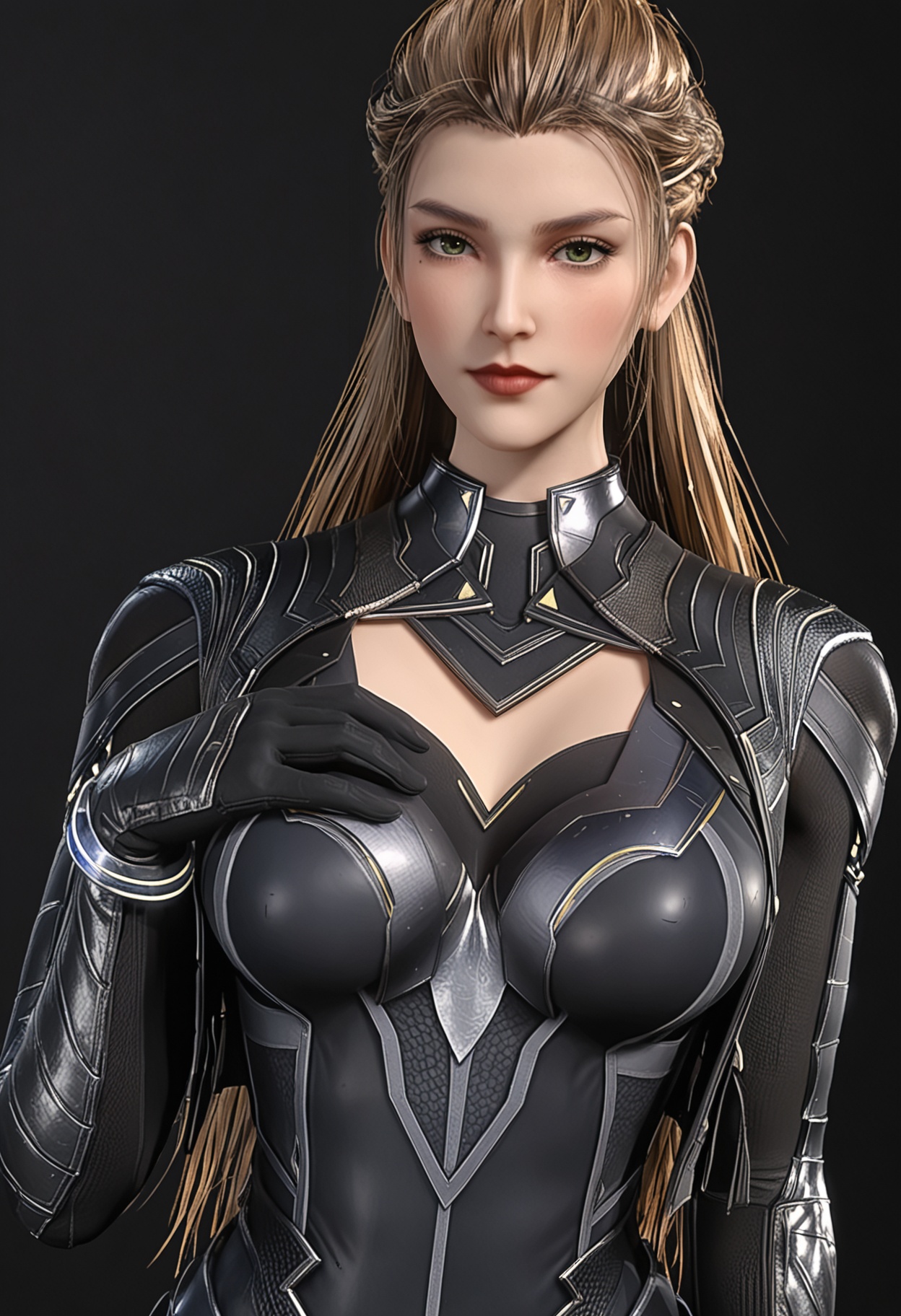 (looking_at_viewer:1.2),upper_body,(gigantic breasts:0.6),(slender:1.2),facing viewer,<lora:YQ_pony_raoyao_richangfuzhuang_V4:0.8>,q1528437228,1girl,solo,long hair,armor,brown hair,bodysuit,brown eyes,gloves,blonde hair,braid,mole under eye,black bodysuit,boots,grey hair,black hair,jewelry,black gloves,blue eyes,bracelet,belt,green eyes,high heels,(simple background,pure black background,black background:1.1),perfect_anatomy,