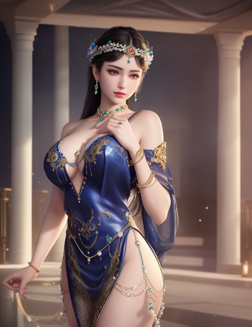 ultra realistic 8k cg, picture-perfect face, flawless, clean, masterpiece, professional artwork, famous artwork, cinematic lighting, cinematic bloom, perfect face, beautiful face, fantasy, dreamlike, unreal, science fiction,  beautiful clothes, lace, lace trim, lace-trimmed legwear,  (rich:1.4), prestige, luxury, jewelry, diamond, gold, pearl, gem, sapphire, ruby, emerald, intricate detail, delicate pattern, charming, alluring, seductive, erotic, enchanting, hair ornament, necklace, earrings, bracelet, armlet,halo((,1girl, pov,))(((,  1girl,  solo,looking at viewer, ))),(((1girl, solo, dress, jewelry,large breasts, )))<lora:DA_WhiteSnakeGreenSnake:0.7>