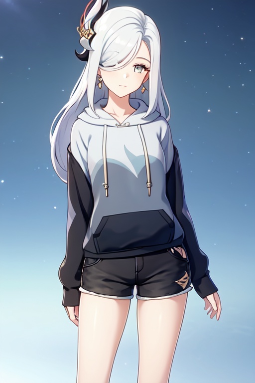 masterpiece,best quality,white background,<lora:shenhe:0.5>,shenhe (genshin impact),1girl,solo,white hair,grey hair,long hair,hair over one eye,earrings,hair ornament,looking at viewer,(casual:1.5),(hoodie:1.5),(shorts:1.5),
