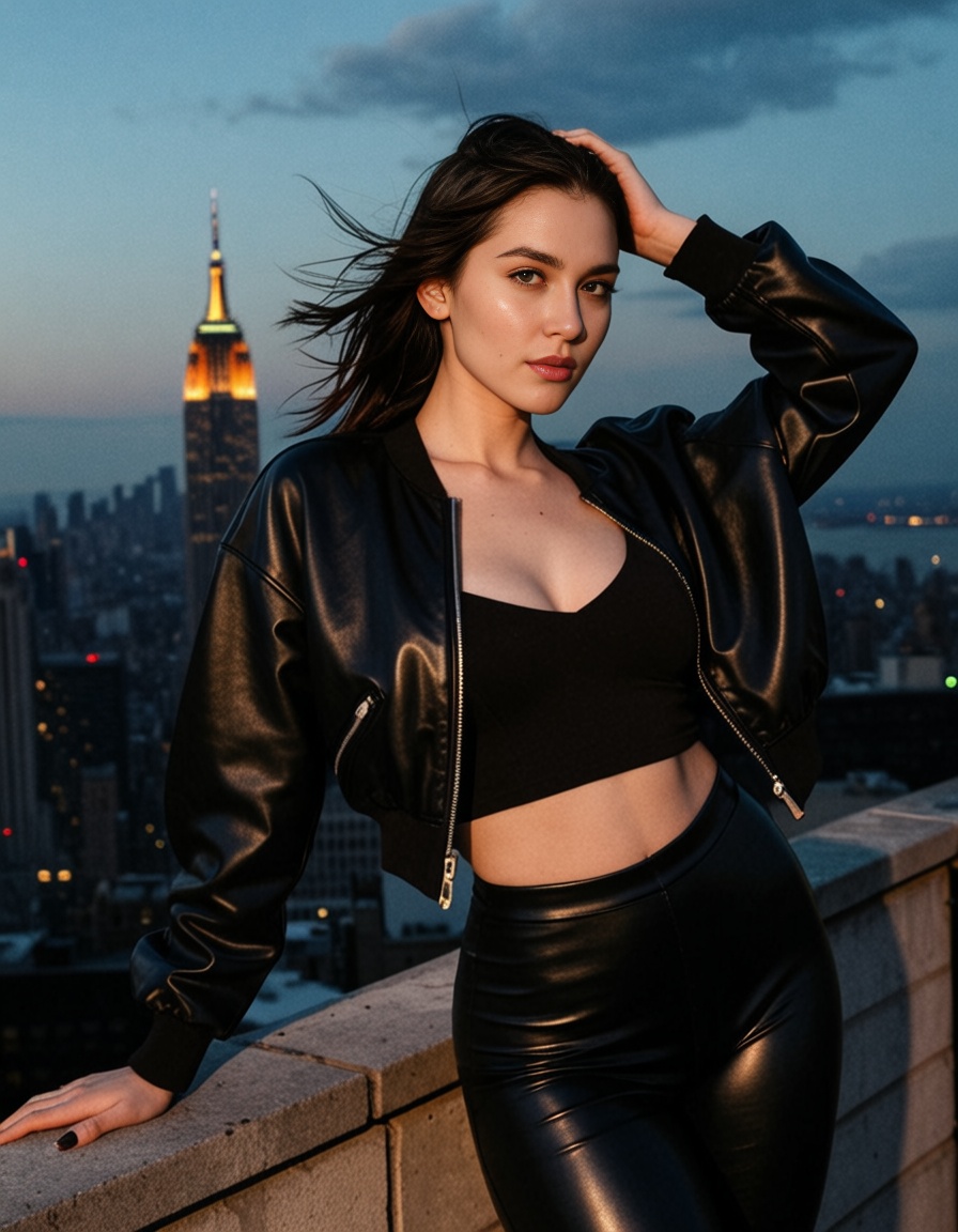 a sensual woman in black leather pants and a cropped bomber jacket,  posing confidently on a rooftop overlooking New York...