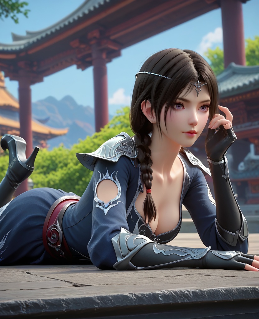 (oriental architecture, elegant decor, sophisticated style:1.1),Lying on the stomach, propped up on elbows,(breasts:1.2),<lora:XL16大主宰安然:0.95>,miss anran,blue gray peplum dress,purple eyes,circlet,black hair,braid,long hair,pauldrons,fingerless gauntlet,black high-heeled thigh boots,, zPDXL2, score_9, score_8_up, score_7_up BREAK realistic, masterpiece,best quality, highly detailed,, zPDXL3, zPDXL2,zPDXL, zPDXLxxx, zPDXLrl,