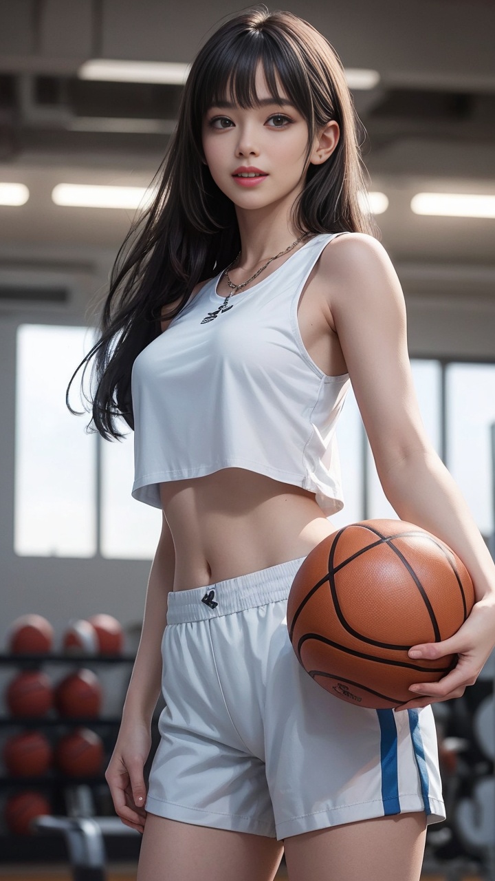 1girl, basketball, solo, white shorts, long hair, brown hair, basketball uniform, smile, shorts, jewelry, sportswear, indoors, necklace, looking at viewer, gym, holding, brown eyes, bangs, shirt, standing, blurry, lips, midriff, cowboy shot, white shirt, **** top, sleeveless, ball, holding ball, blurry background, teeth, realistic