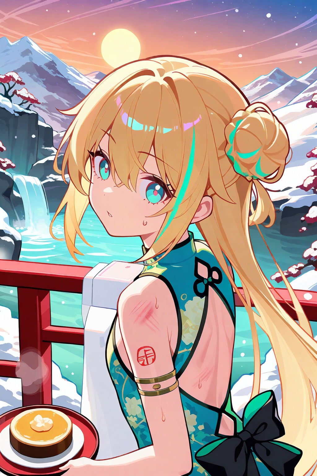 1girl,streaked hair,Steam Style,burlywood,mid-autumn festival,dusk,blonde hair,moon cake,(shanhai painting scroll background:1.2),ink marks,china_dress,back_bow,side_cutout,snow_bunny,loli,waterfall,upper_body,dynamic_angle,sweat,rabbits everywhere,wipe away sweat,looking_at_viewer,landscape,((Monet style)),looking_back,hair_up,single_hair_bun,wipe away sweat,from_side,kawaii,long hair between eyes,short hair,armlet,
