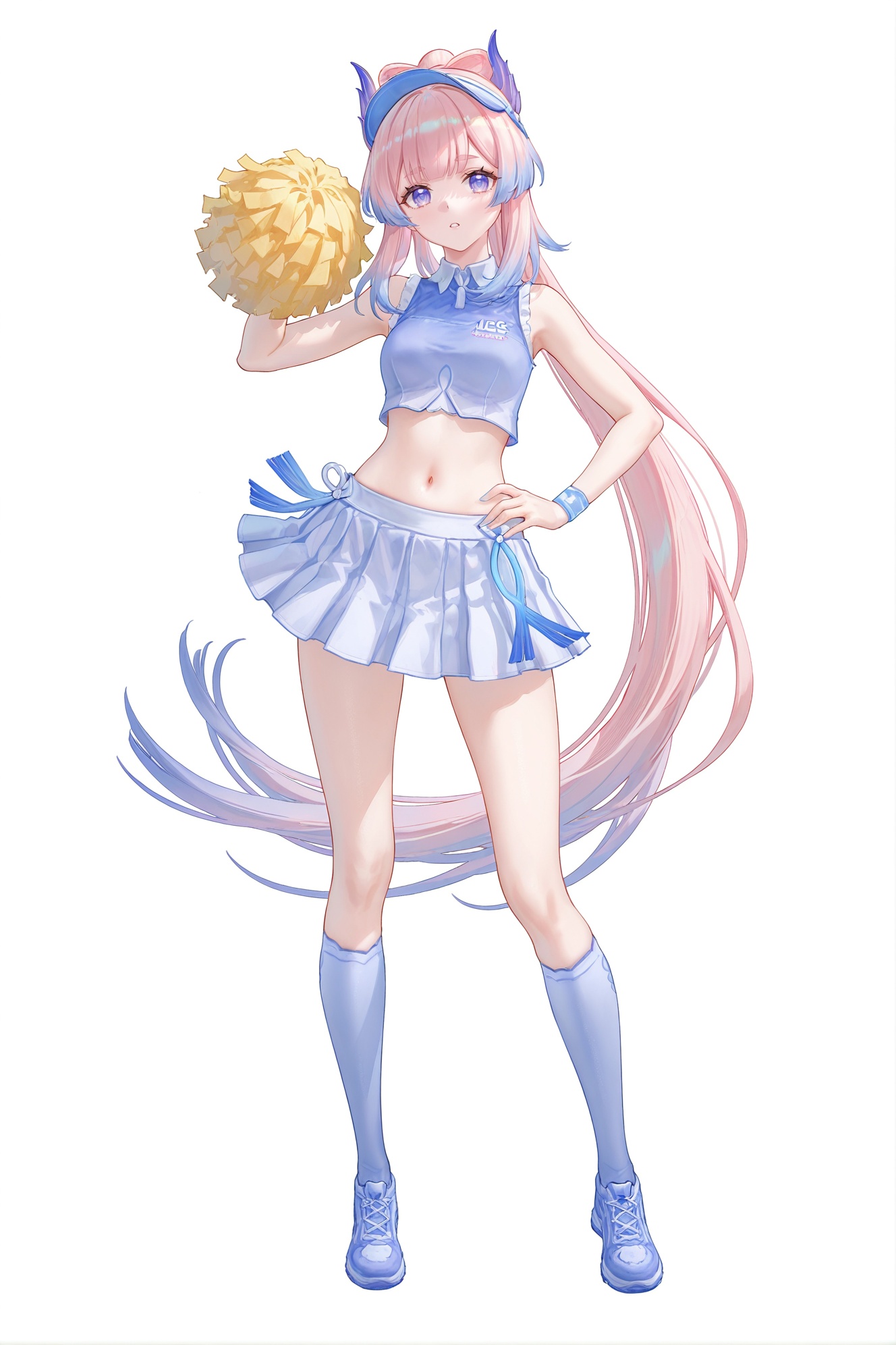 8k,best quality,masterpiece,(ultra-detailed),(high detailed skin),((artist:reoen),(artist:fuzichoco),(artist:atdan),(artist:torino_aqua),year 2024:0.8)1girl,[artist:wlop],[artist:ningen_mame],artist:ciloranko,[[artist:rhasta]],artist:tidsean,colorful,full body,full shot,standing,looking at viewer,(solo:1.2),simple background,(white background:1.2),hand on own hip,(white background:1.1),<lora:xinhai_new-ill-Tanger:0.8>,Sangonomiya Kokomi  /(maidong/),clothes: maidong sportswear,maidong sun visor,1girl,sangonomiya kokomi,navel,socks,midriff,skirt,sidelocks,pink hair,bangs,cheerleader,kneehighs,alternate costume,pleated skirt,sneakers,