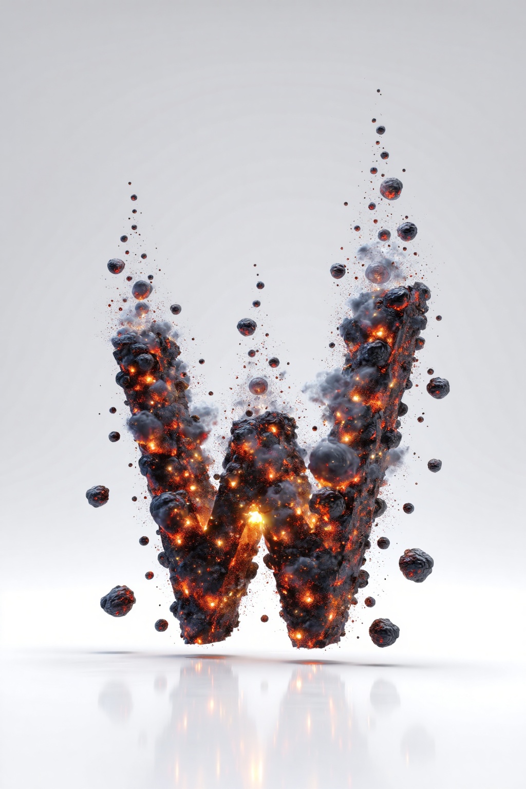 beijihui,3D icon design of letter 'W', **** of floating volcanic ember fragments with glowing molten cores and drifting ash particles, hyperrealistic, hyperdetail, front view, studio lighting, 100mm lens, white solid background 