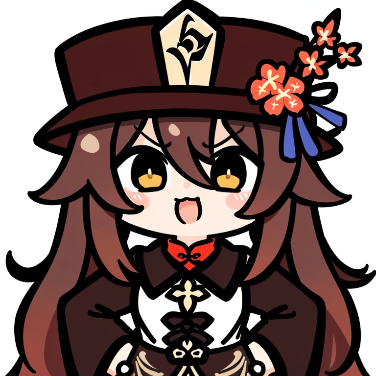 ((HRD, HUD, 8K)),((masterpiece, best quality)), highly detailed, soft light,EmojiPack, 1girl, hu tao (genshin impact), hat, hat flower, brown hair, hands on hips, long hair, flower, solo, chibi, open mouth, bangs, sidelocks, long sleeves, hair between eyes, twintails, chinese clothes, looking at viewer, simple background, hat ornament, v-shaped eyebrows, white background,  <lora:20240527-1716802627504:0.8>