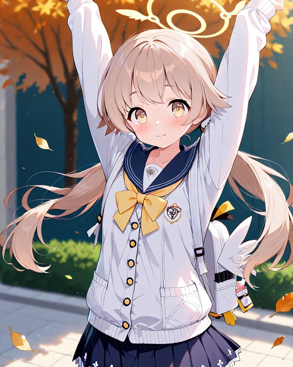 O,ultra detailed anime texture,1girl, hifumi (blue archive), solo, bag, twintails, backpack, looking at viewer, skirt, halo, yellow eyes, long hair, long sleeves, school uniform, sailor collar, leaf, bangs, low twintails, blue skirt, blurry, falling leaves, light brown hair, white cardigan, pleated skirt, stretching, blush, sleeves past wrists, serafuku, wind, cardigan, bow, white bag, blurry background,(UHD),anatomically correct,accurate,textured skin,super detail,high details,award winning,best quality,high quality,retinal,HD,16k,1080P,