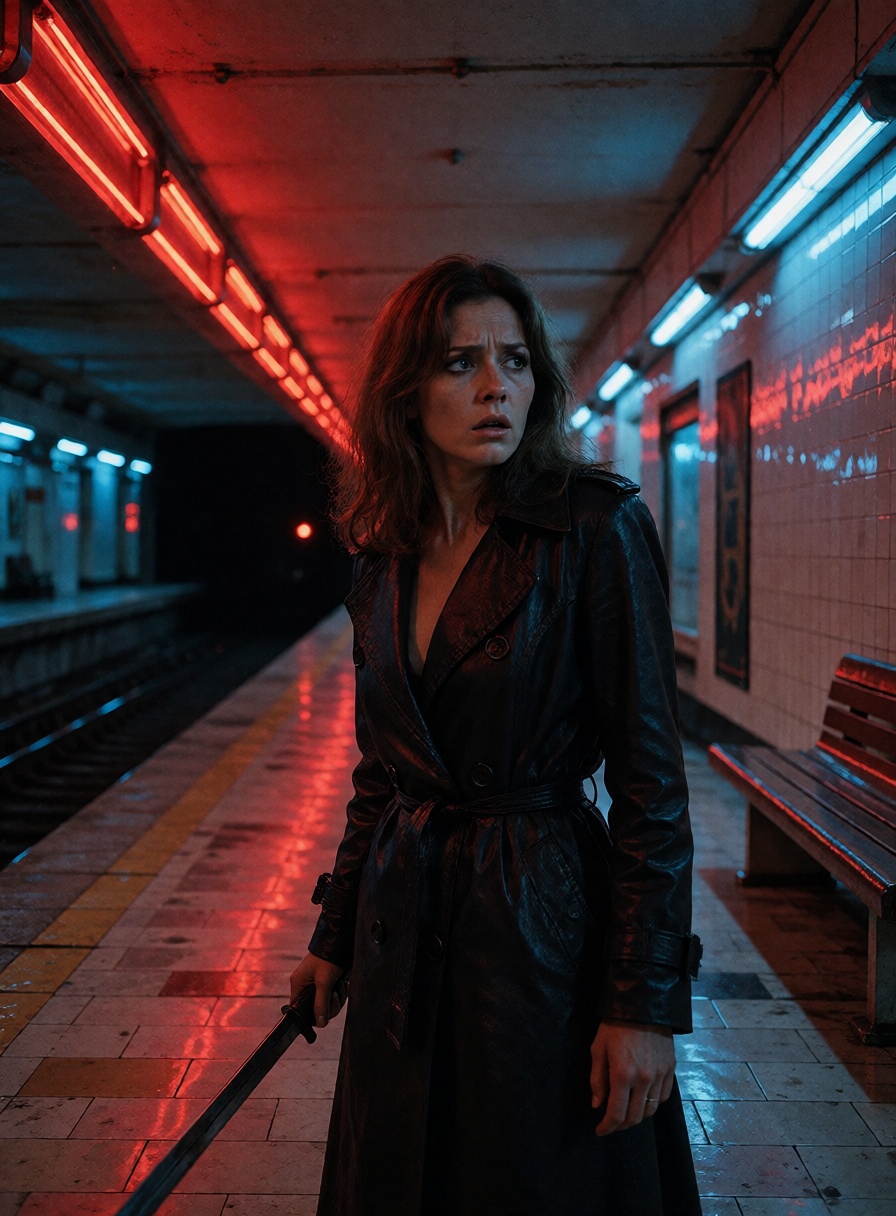 frightened woman in a black trench coat standing inside an empty subway station at midnight,  red and blue neon lighting,...